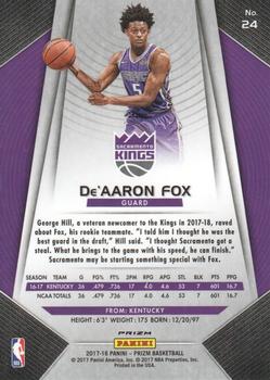 2017-18 Panini Prizm - Prizms Red White and Blue #24 De'Aaron Fox Back