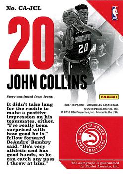 2017-18 Panini Chronicles - Chronicles Autographs Red #CA-JCL John Collins Back