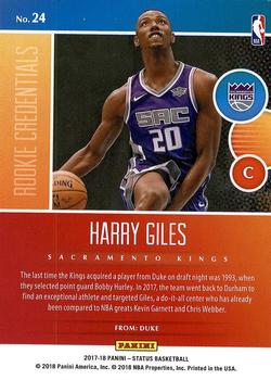 2017-18 Panini Status - Rookie Credentials #24 Harry Giles Back