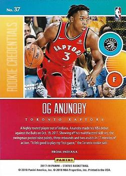 2017-18 Panini Status - Rookie Credentials #37 OG Anunoby Back