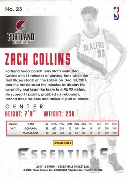 2017-18 Panini Essentials #23 Zach Collins Back