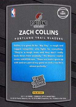 2017-18 Donruss Optic - Rated Rookie Shock #191 Zach Collins Back