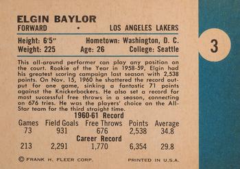 1961-62 Fleer #3 Elgin Baylor Back