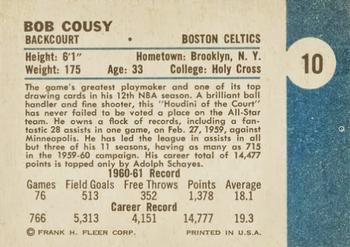1961-62 Fleer #10 Bob Cousy Back