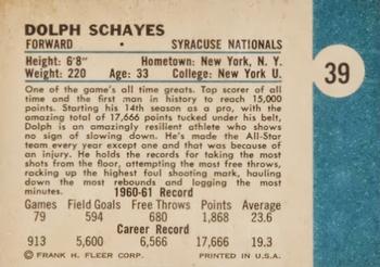 1961-62 Fleer #39 Dolph Schayes Back