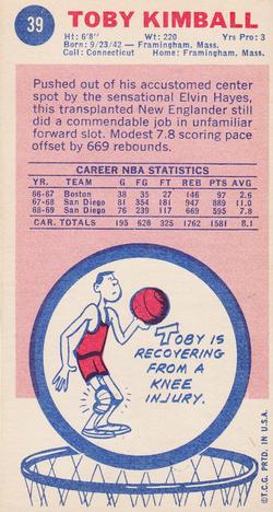 1969-70 Topps #39 Toby Kimball Back
