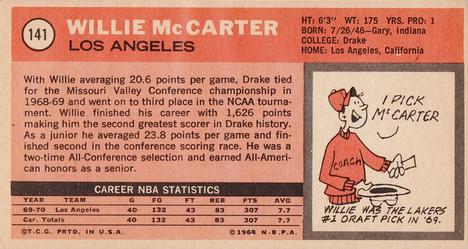 1970-71 Topps #141 Willie McCarter Back