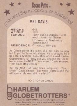 1971 Fleer Cocoa Puffs Harlem Globetrotters #27 Mel Davis Back