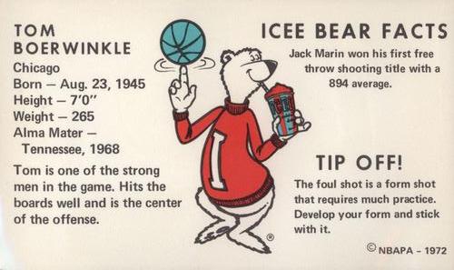 1972 Icee Bear #NNO Tom Boerwinkle Back