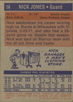 1972-73 Topps #58 Nick Jones Back