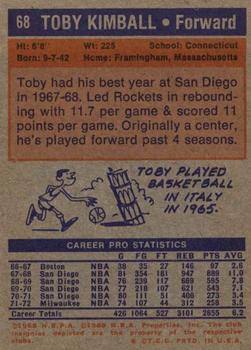 1972-73 Topps #68 Toby Kimball Back