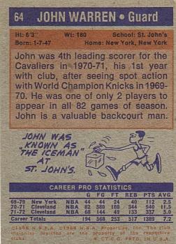 1972-73 Topps #64 John Warren Back