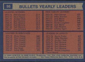 1974-75 Topps #98 Capitol Bullets Team Leaders (Phil Chenier / Elvin Hayes / Kevin Porter) Back