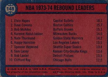 1974-75 Topps #148 NBA '73-74 Rebound Leaders (Elvin Hayes / Dave Cowens / Bob McAdoo) Back