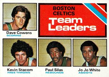 1975-76 Topps #117 Boston Celtics Team Leaders (Dave Cowens / Kevin Stacom / Paul Silas / JoJo White) Front
