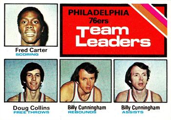 1975-76 Topps #129 Philadelphia 76ers Team Leaders (Fred Carter / Doug Collins / Billy Cunningham) Front