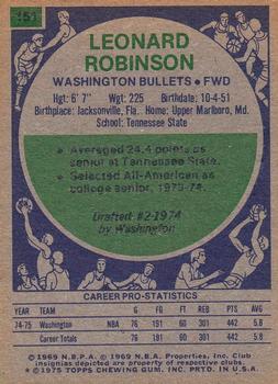 1975-76 Topps #151 Leonard Robinson Back
