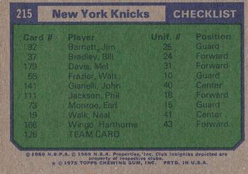 1975-76 Topps #215 New York Knicks Back