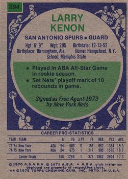 1975-76 Topps #294 Larry Kenon Back