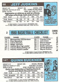 1980-81 Topps #2 / 68 / 147 Quinn Buckner / Marques Johnson / Jeff Judkins Back