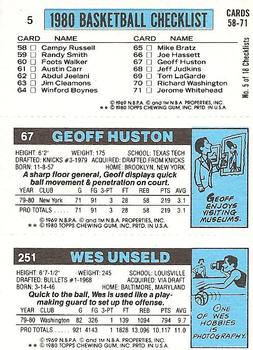 1980-81 Topps #5 / 67 / 251 Wes Unseld / Geoff Huston / John Drew Back