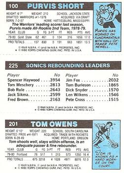 1980-81 Topps #100 / 201 / 225 Tom Owens / Jack Sikma / Purvis Short Back