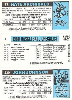 1980-81 Topps #4 / 33 / 230 John Johnson / Walter Davis / Nate Archibald Back
