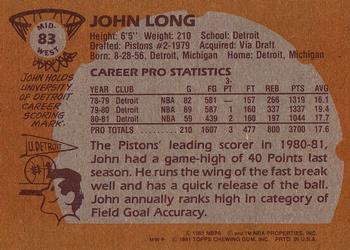 1981-82 Topps #MW83 John Long Back