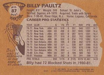 1981-82 Topps #MW87 Billy Paultz Back