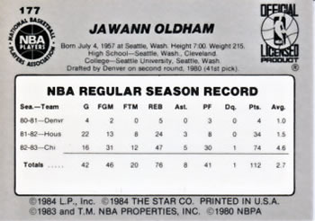 1983-84 Star #177 Jawann Oldham Back