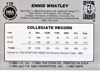 1983-84 Star #178 Ennis Whatley Back