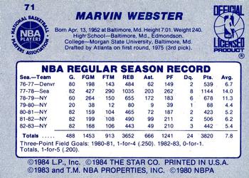 1983-84 Star #71 Marvin Webster Back