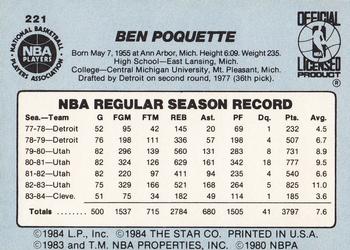1984-85 Star #221 Ben Poquette Back