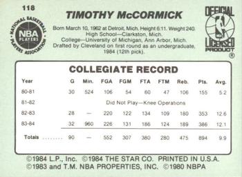1984-85 Star #118 Tim McCormick Back