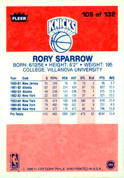 1986-87 Fleer #105 Rory Sparrow Back