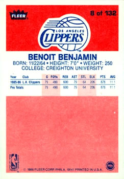 1986-87 Fleer #8 Benoit Benjamin Back