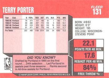 1989-90 Fleer #131 Terry Porter Back