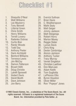1992 Classic Draft Picks #99 Checklist #1: 1-50 Back