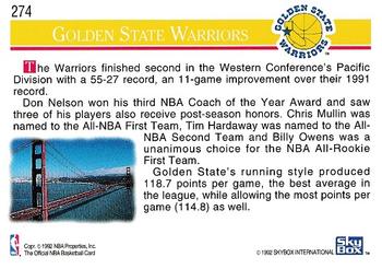 1992-93 Hoops #274 Golden State Warriors Back