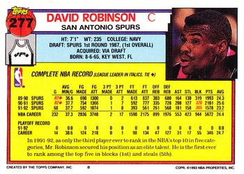 1992-93 Topps #277 David Robinson Back