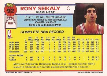 1992-93 Topps #92 Rony Seikaly Back