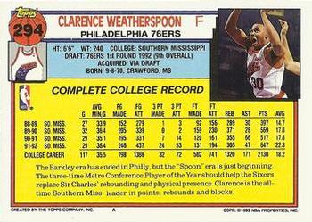 1992-93 Topps #294 Clarence Weatherspoon Back
