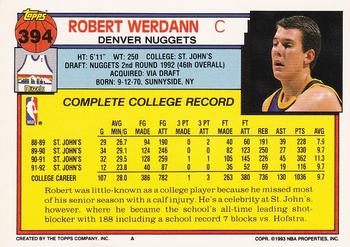 1992-93 Topps #394 Robert Werdann Back