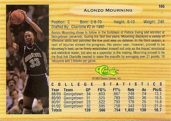 1993 Classic Draft Picks #105 Alonzo Mourning Back