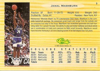 1993 Classic Draft Picks #3 Jamal Mashburn Back