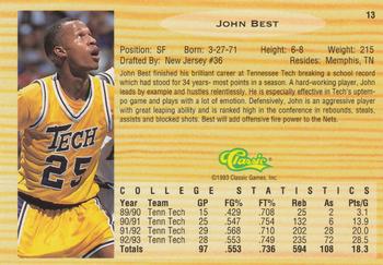 1993 Classic Draft Picks #13 John Best Back