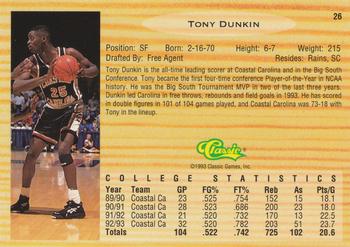 1993 Classic Draft Picks #26 Tony Dunkin Back