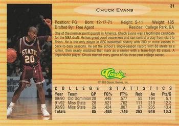 1993 Classic Draft Picks #31 Chuck Evans Back