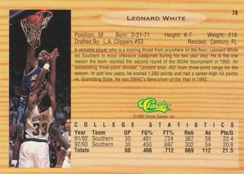1993 Classic Draft Picks #78 Leonard White Back