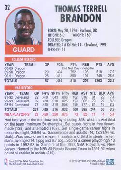 1994-95 Hoops #32 Terrell Brandon Back